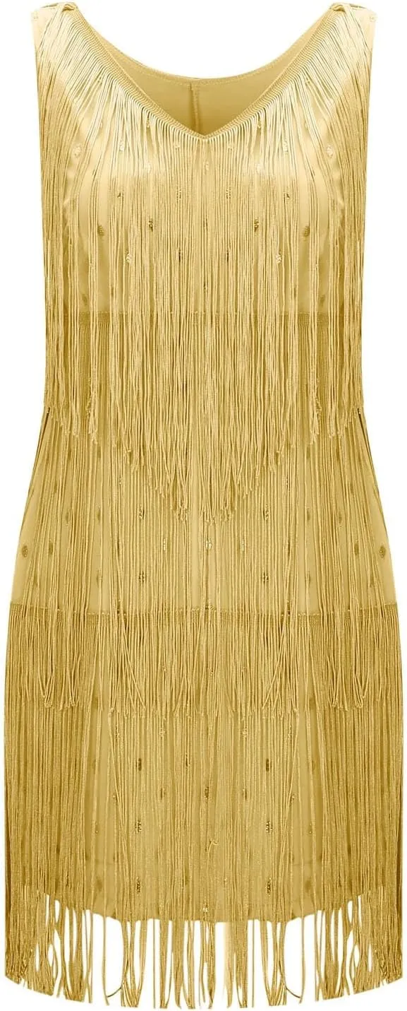 Womens Sequin Fringe Dress Spring Casual Disco Mini Dresses Sleeveless V Neck Dance Club Wear Swing Party Short Skirt