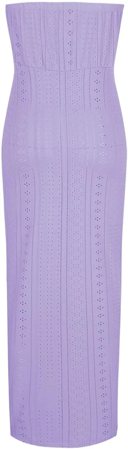 Women's Sexy Strapless Dress Off Shoulder Bodycon Midi Party Dress Eyelet Embroidery Front Split Cocktail Dresses