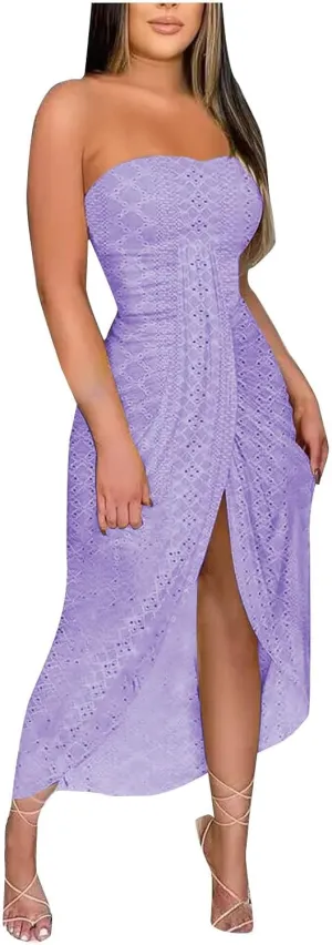 Women's Sexy Strapless Dress Off Shoulder Bodycon Midi Party Dress Eyelet Embroidery Front Split Cocktail Dresses