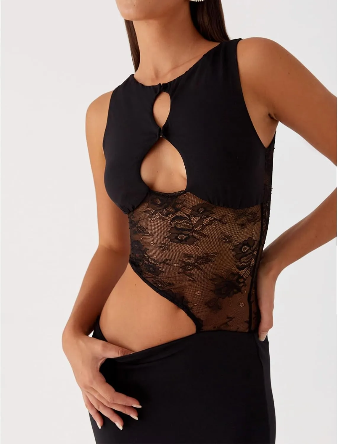 Womens Sheer Lace Sleeveless Maxi Bodycon Dress Y2k Cut Out Going Out Long Dresses Sexy Summer Cocktail Party