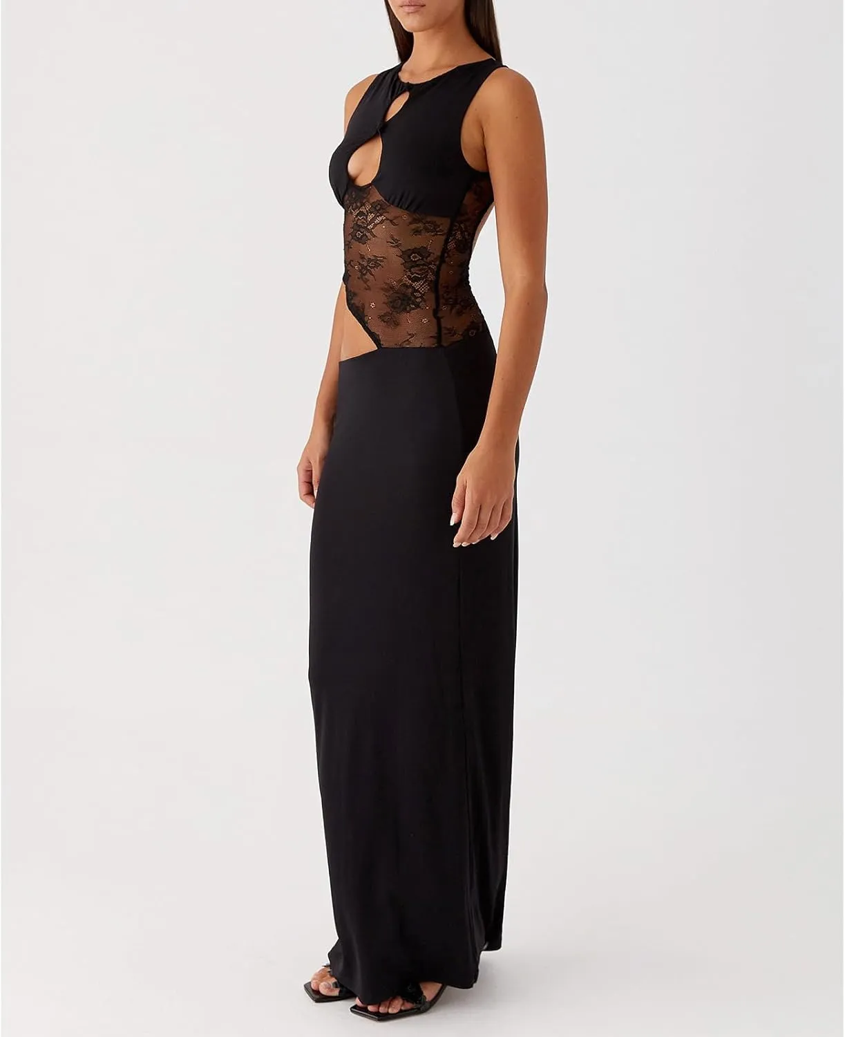 Womens Sheer Lace Sleeveless Maxi Bodycon Dress Y2k Cut Out Going Out Long Dresses Sexy Summer Cocktail Party