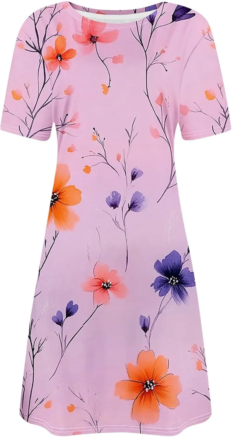 Womens Short Sleeve Boho Beach Dresses Cute Flower Graphic Print Sundress Loose Vintage Casual Clothes