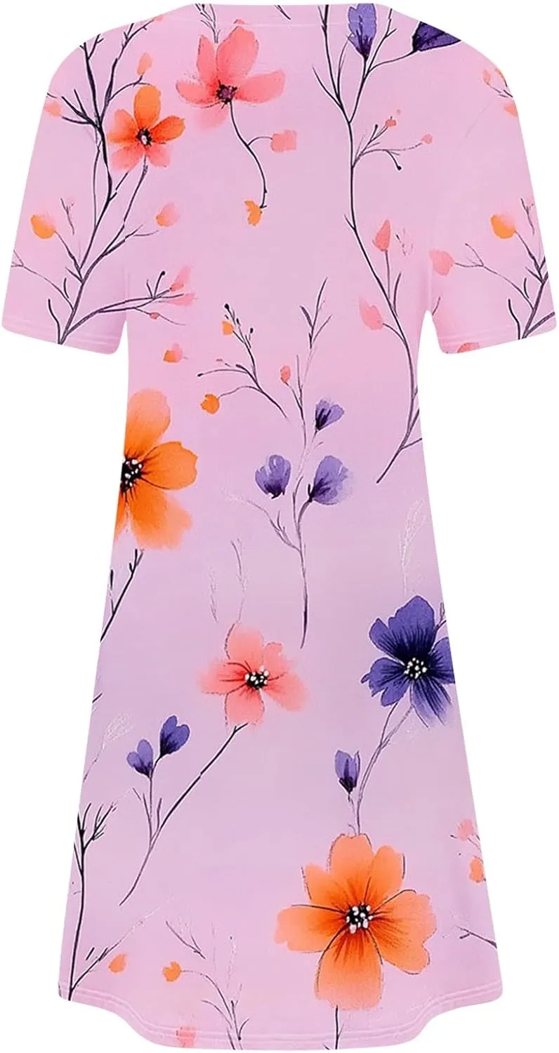 Womens Short Sleeve Boho Beach Dresses Cute Flower Graphic Print Sundress Loose Vintage Casual Clothes
