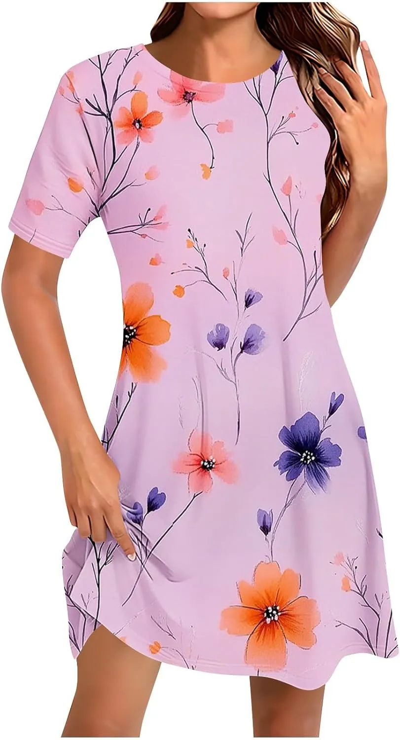 Womens Short Sleeve Boho Beach Dresses Cute Flower Graphic Print Sundress Loose Vintage Casual Clothes