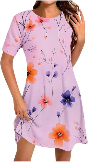 Womens Short Sleeve Boho Beach Dresses Cute Flower Graphic Print Sundress Loose Vintage Casual Clothes