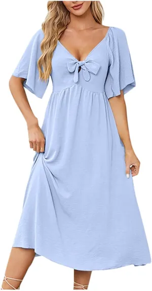 Womens Short Sleeve Sexy V Neck Tie Front Dress Boho A-Line Flowy Midi Sun Dresses Summer Fashion Smocked Dress