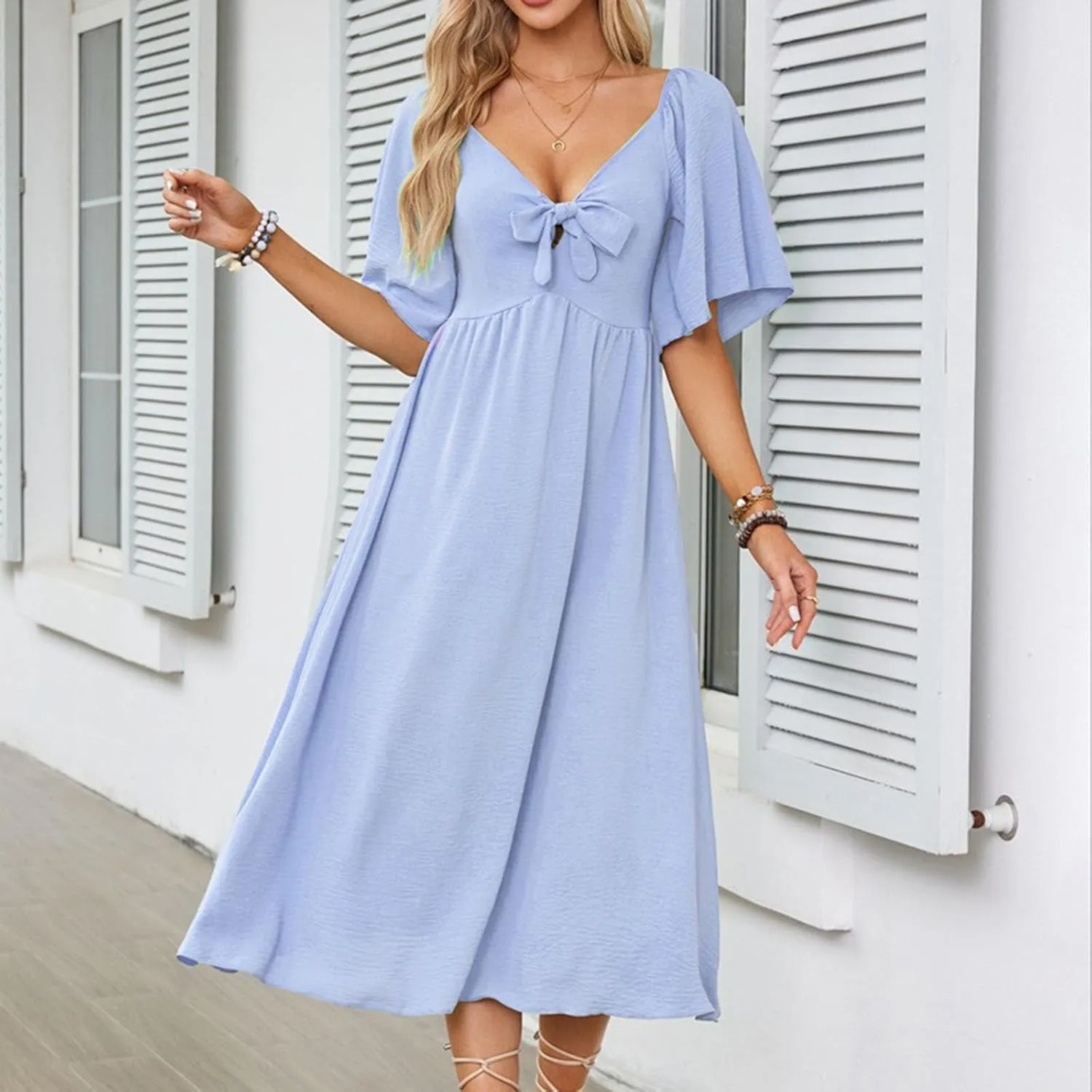 Womens Short Sleeve Sexy V Neck Tie Front Dress Boho A-Line Flowy Midi Sun Dresses Summer Fashion Smocked Dress