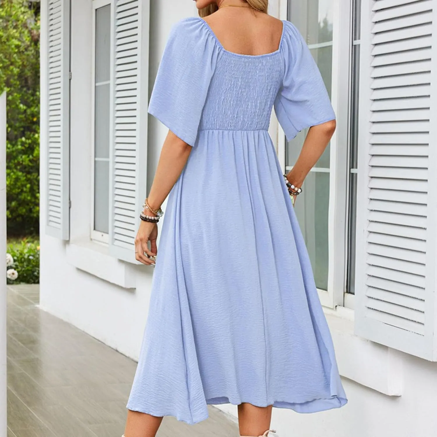 Womens Short Sleeve Sexy V Neck Tie Front Dress Boho A-Line Flowy Midi Sun Dresses Summer Fashion Smocked Dress