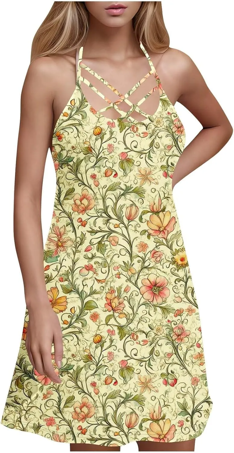 Women's Sleeveless Casual Sun Dress Cute Flower Graphic Print Beach Dresses Loose Fit A Line Vintage Clothes