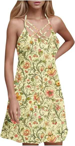 Women's Sleeveless Casual Sun Dress Cute Flower Graphic Print Beach Dresses Loose Fit A Line Vintage Clothes