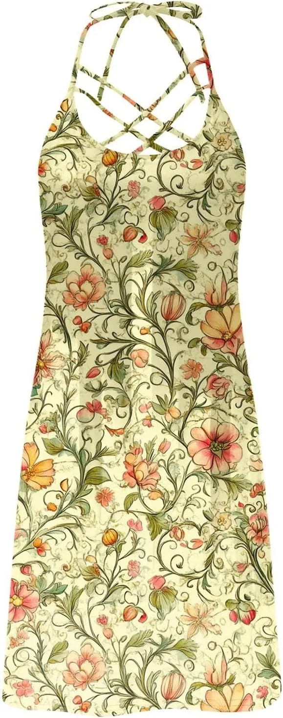 Women's Sleeveless Casual Sun Dress Cute Flower Graphic Print Beach Dresses Loose Fit A Line Vintage Clothes