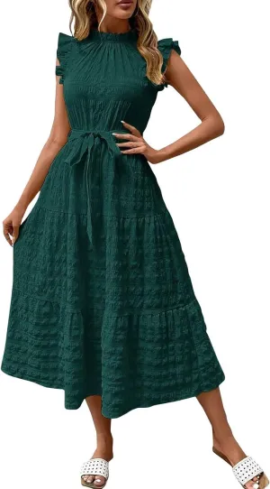 Womens Sleeveless Maxi Dress Summer Casual Ruffle Smocked Bohemian Flowy Tiered A-Line Trendy Beach Vacation Sundress