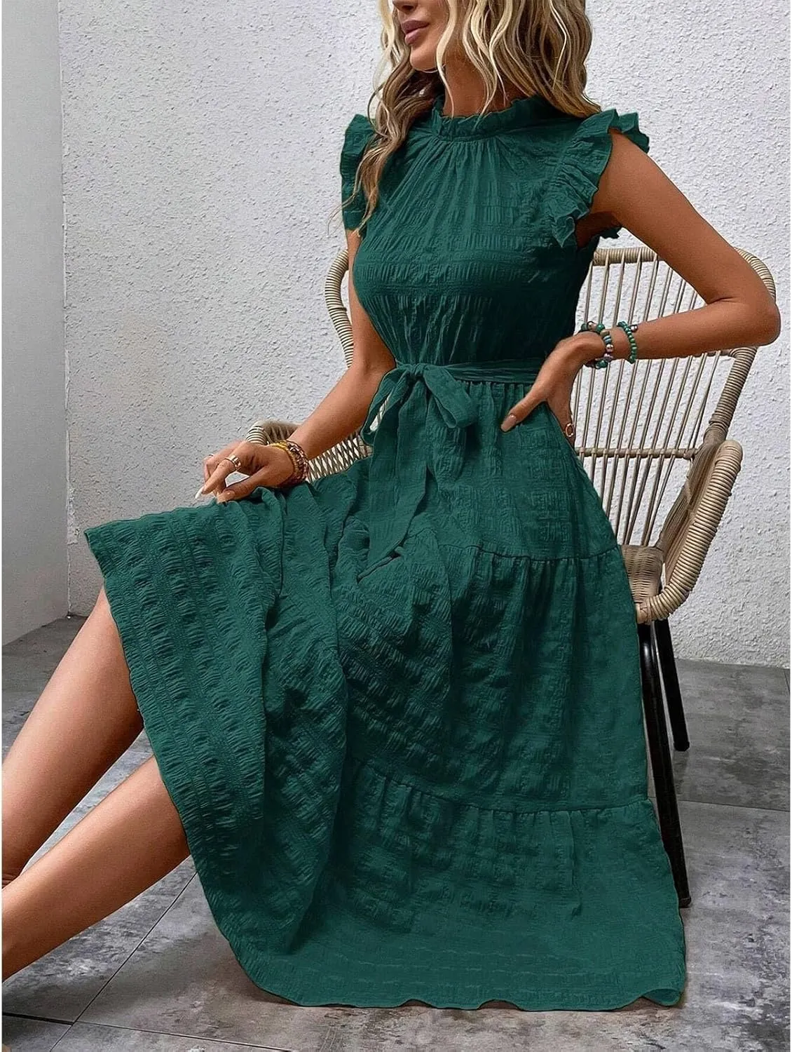 Womens Sleeveless Maxi Dress Summer Casual Ruffle Smocked Bohemian Flowy Tiered A-Line Trendy Beach Vacation Sundress