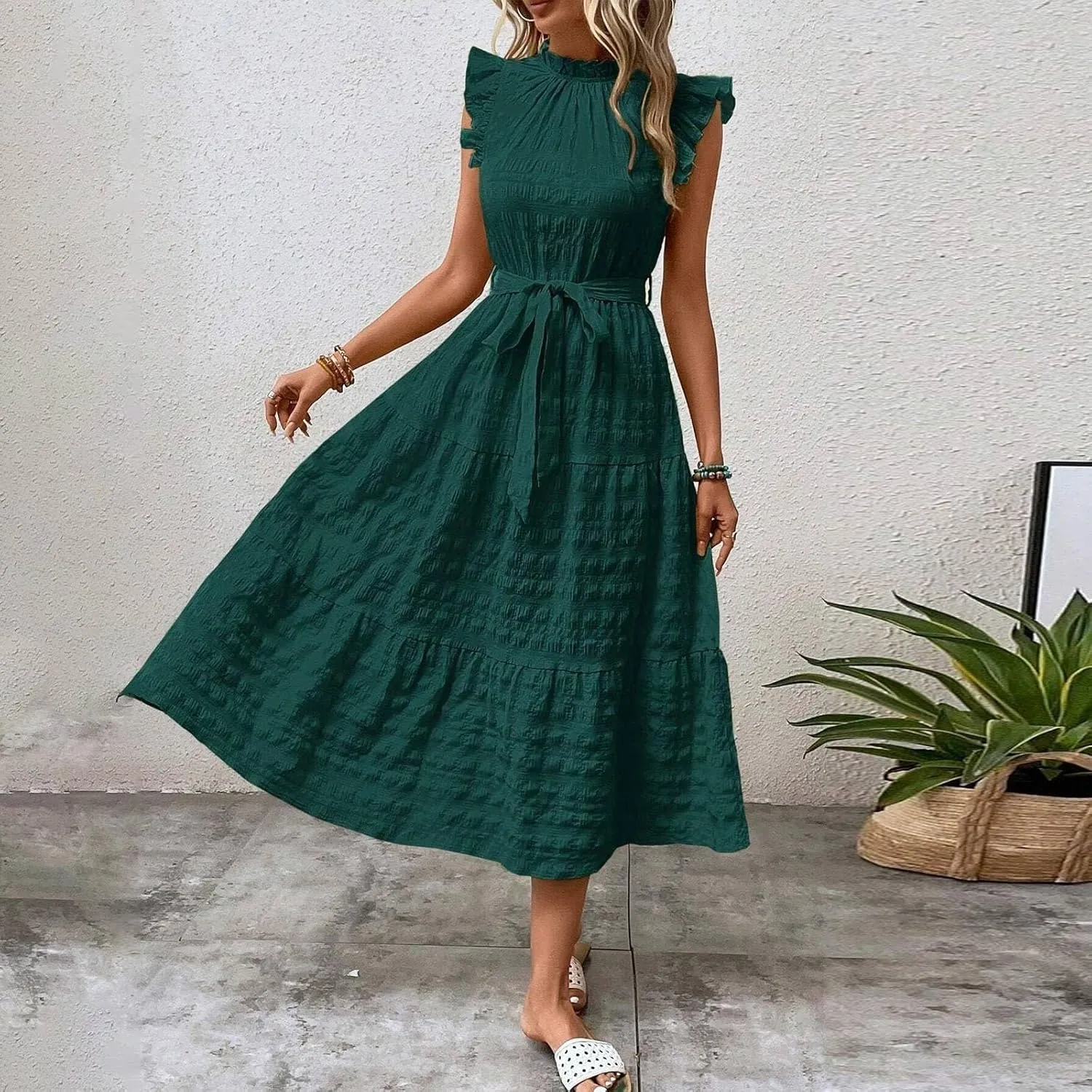 Womens Sleeveless Maxi Dress Summer Casual Ruffle Smocked Bohemian Flowy Tiered A-Line Trendy Beach Vacation Sundress