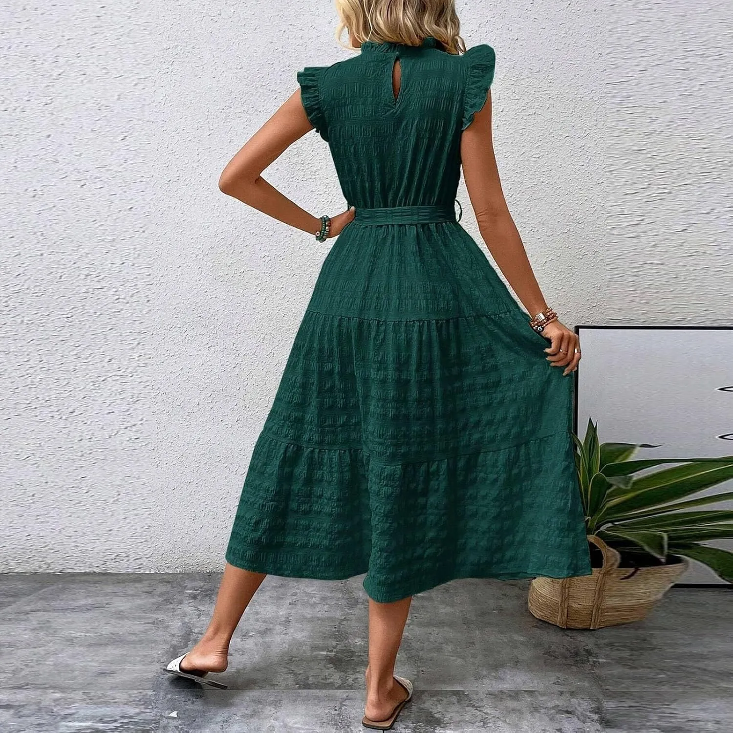 Womens Sleeveless Maxi Dress Summer Casual Ruffle Smocked Bohemian Flowy Tiered A-Line Trendy Beach Vacation Sundress
