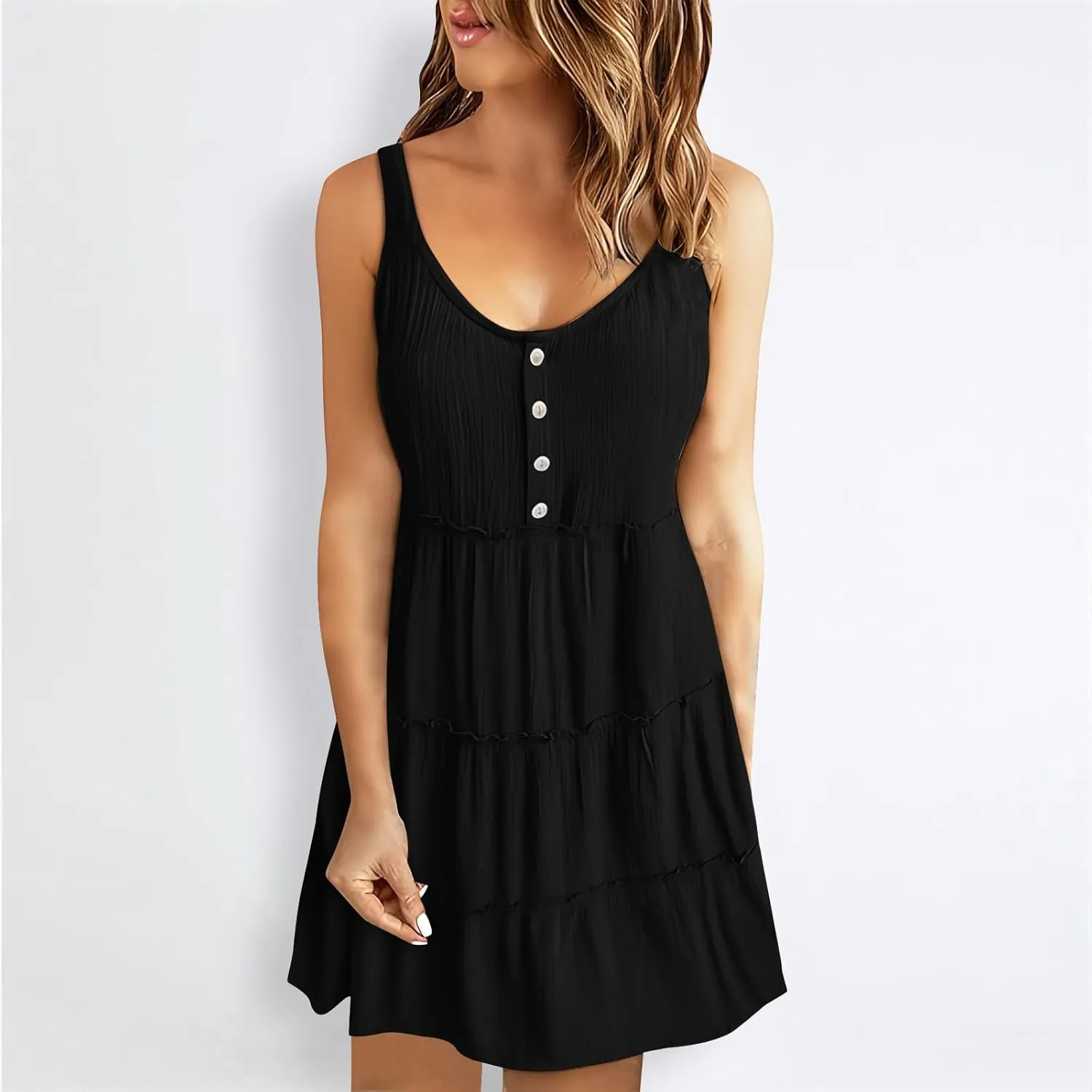 Women's Sleeveless Mini Dress 2024 Casual U Neck Button Down High Waist Dresses Ruffle Tiered Flowy Beach Sundress