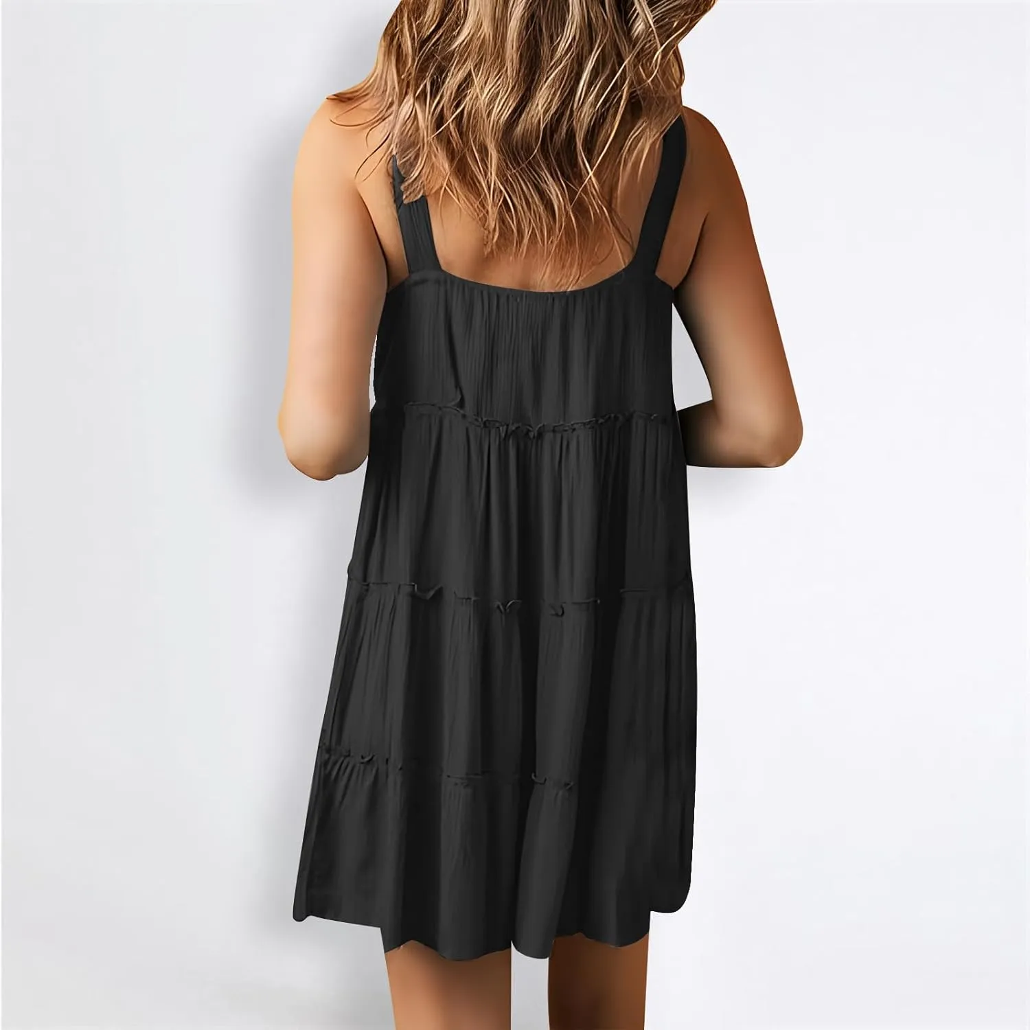 Women's Sleeveless Mini Dress 2024 Casual U Neck Button Down High Waist Dresses Ruffle Tiered Flowy Beach Sundress