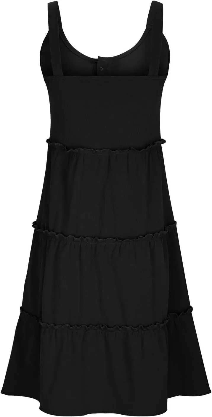 Women's Sleeveless Mini Dress 2024 Casual U Neck Button Down High Waist Dresses Ruffle Tiered Flowy Beach Sundress