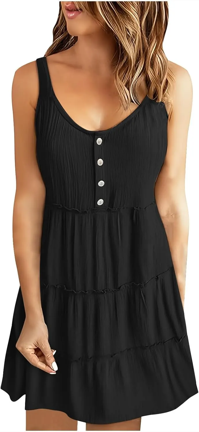 Women's Sleeveless Mini Dress 2024 Casual U Neck Button Down High Waist Dresses Ruffle Tiered Flowy Beach Sundress