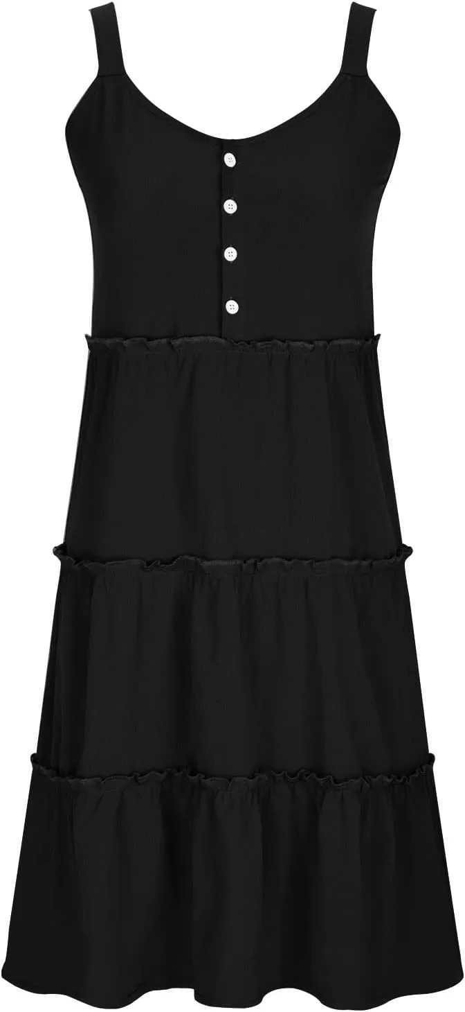 Women's Sleeveless Mini Dress 2024 Casual U Neck Button Down High Waist Dresses Ruffle Tiered Flowy Beach Sundress