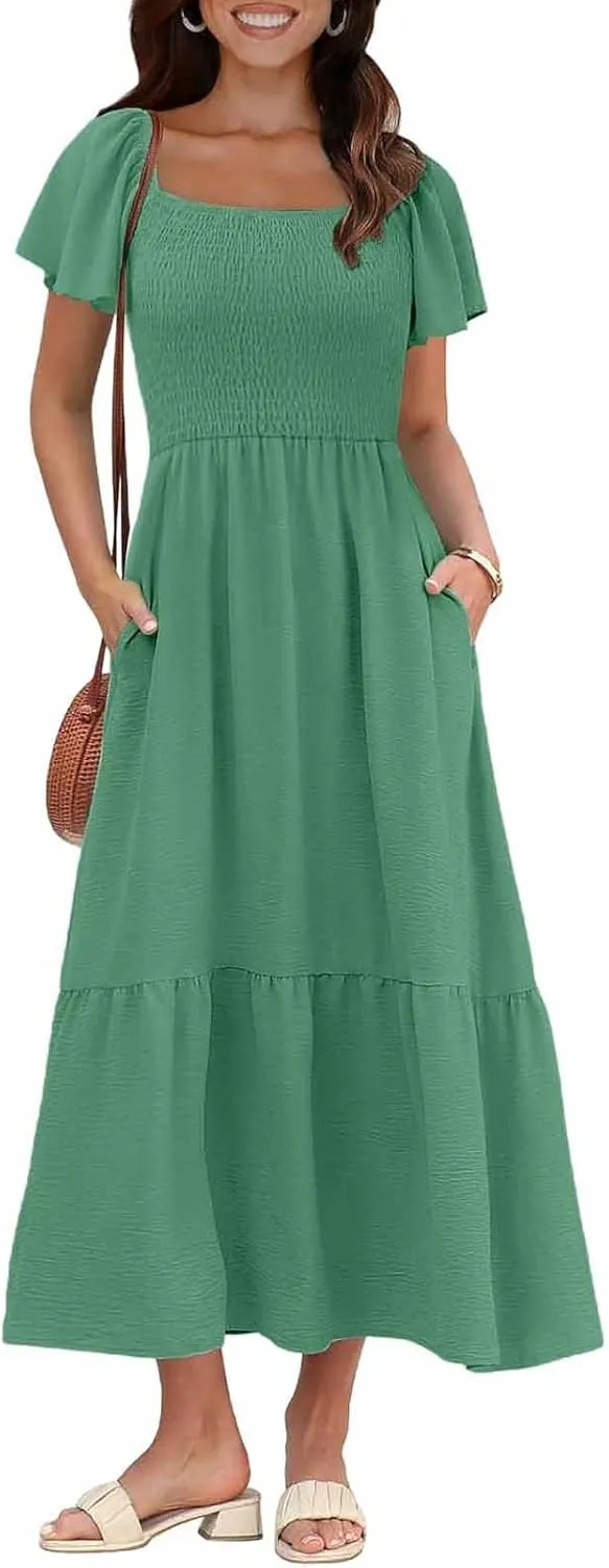 Women's Smocked Midi Dress Short Puff Sleeve Square Neck Tiered Beach Flowy Maxi Dress for Wedding Guest with Pockets