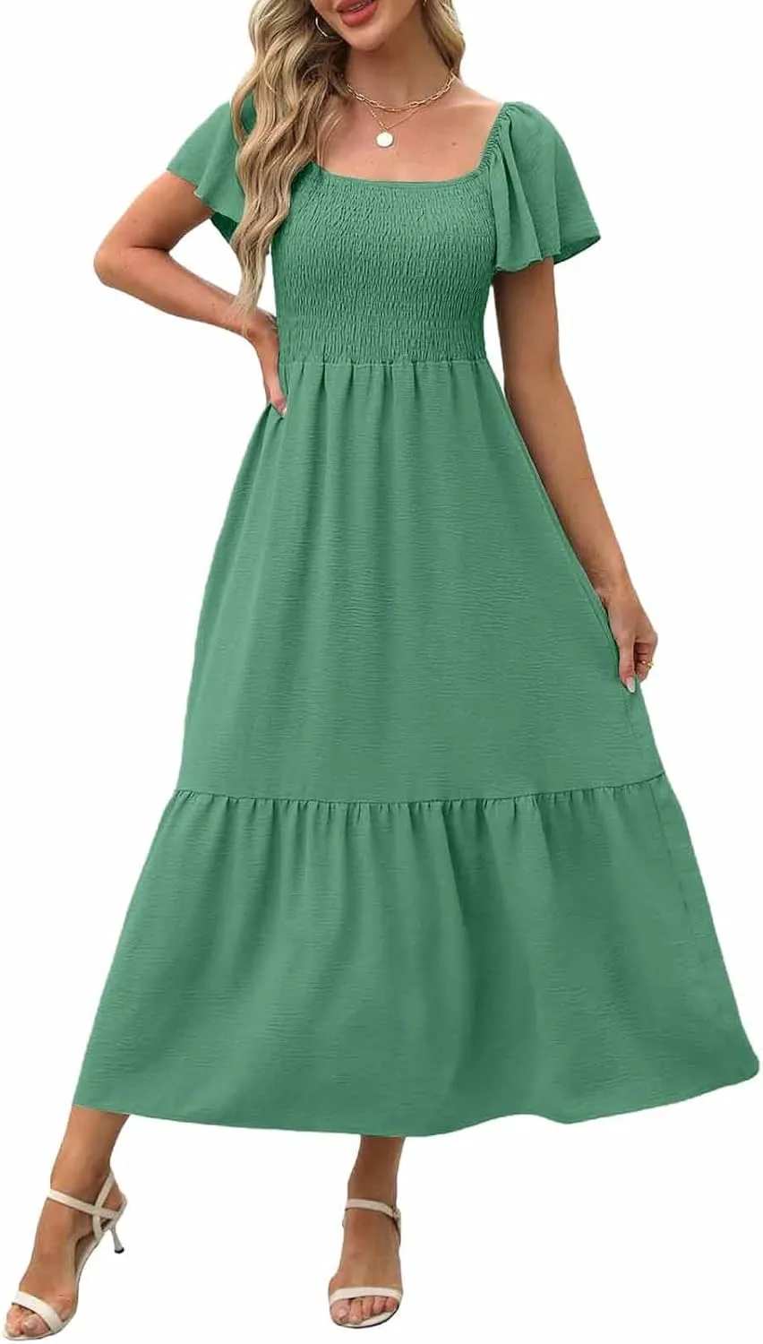 Women's Smocked Midi Dress Short Puff Sleeve Square Neck Tiered Beach Flowy Maxi Dress for Wedding Guest with Pockets