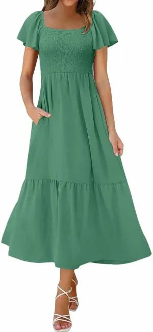 Women's Smocked Midi Dress Short Puff Sleeve Square Neck Tiered Beach Flowy Maxi Dress for Wedding Guest with Pockets