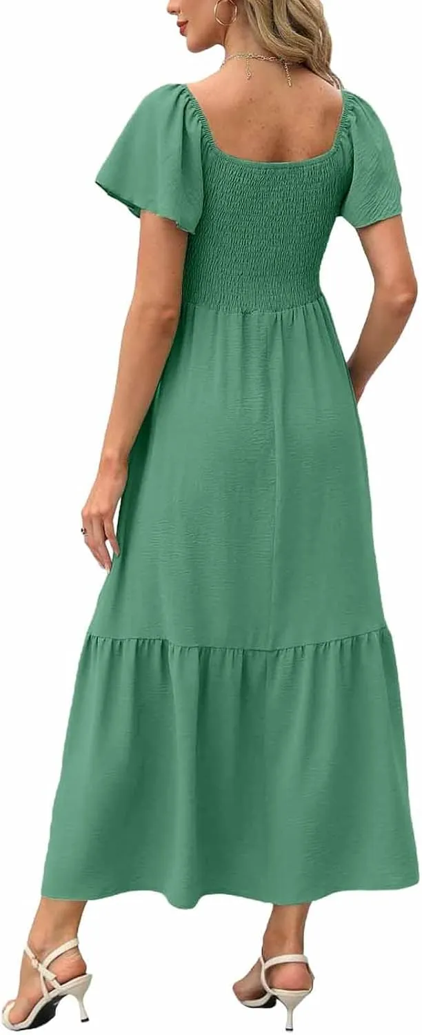 Women's Smocked Midi Dress Short Puff Sleeve Square Neck Tiered Beach Flowy Maxi Dress for Wedding Guest with Pockets