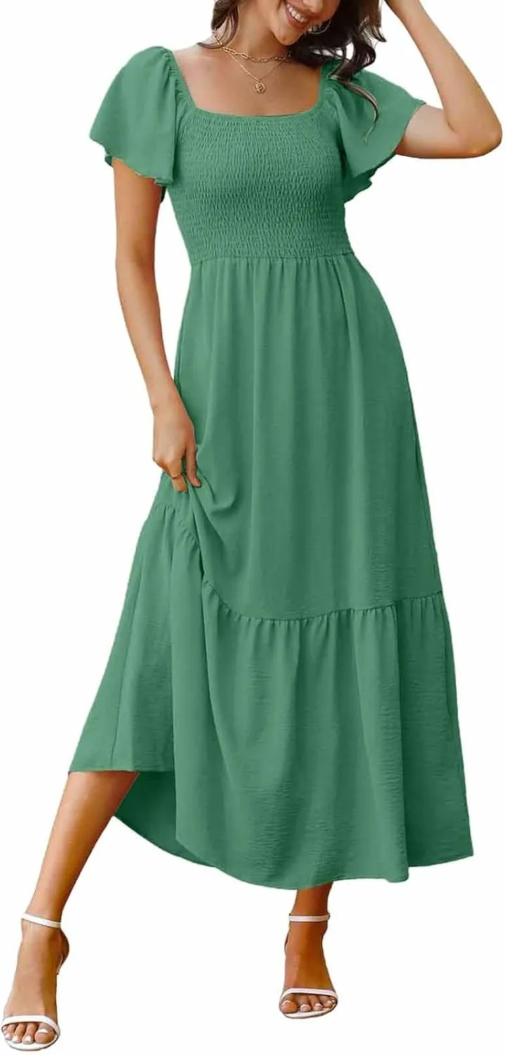 Women's Smocked Midi Dress Short Puff Sleeve Square Neck Tiered Beach Flowy Maxi Dress for Wedding Guest with Pockets