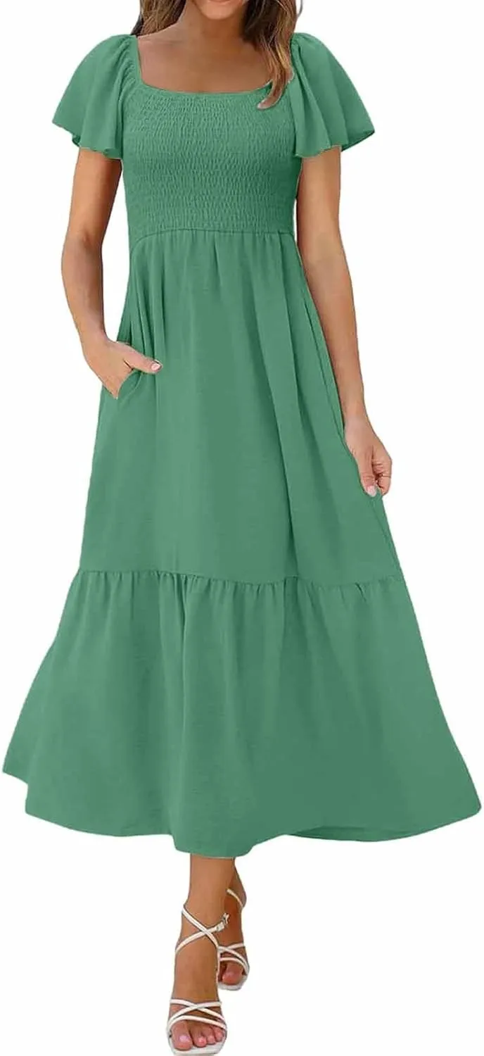 Women's Smocked Midi Dress Short Puff Sleeve Square Neck Tiered Beach Flowy Maxi Dress for Wedding Guest with Pockets