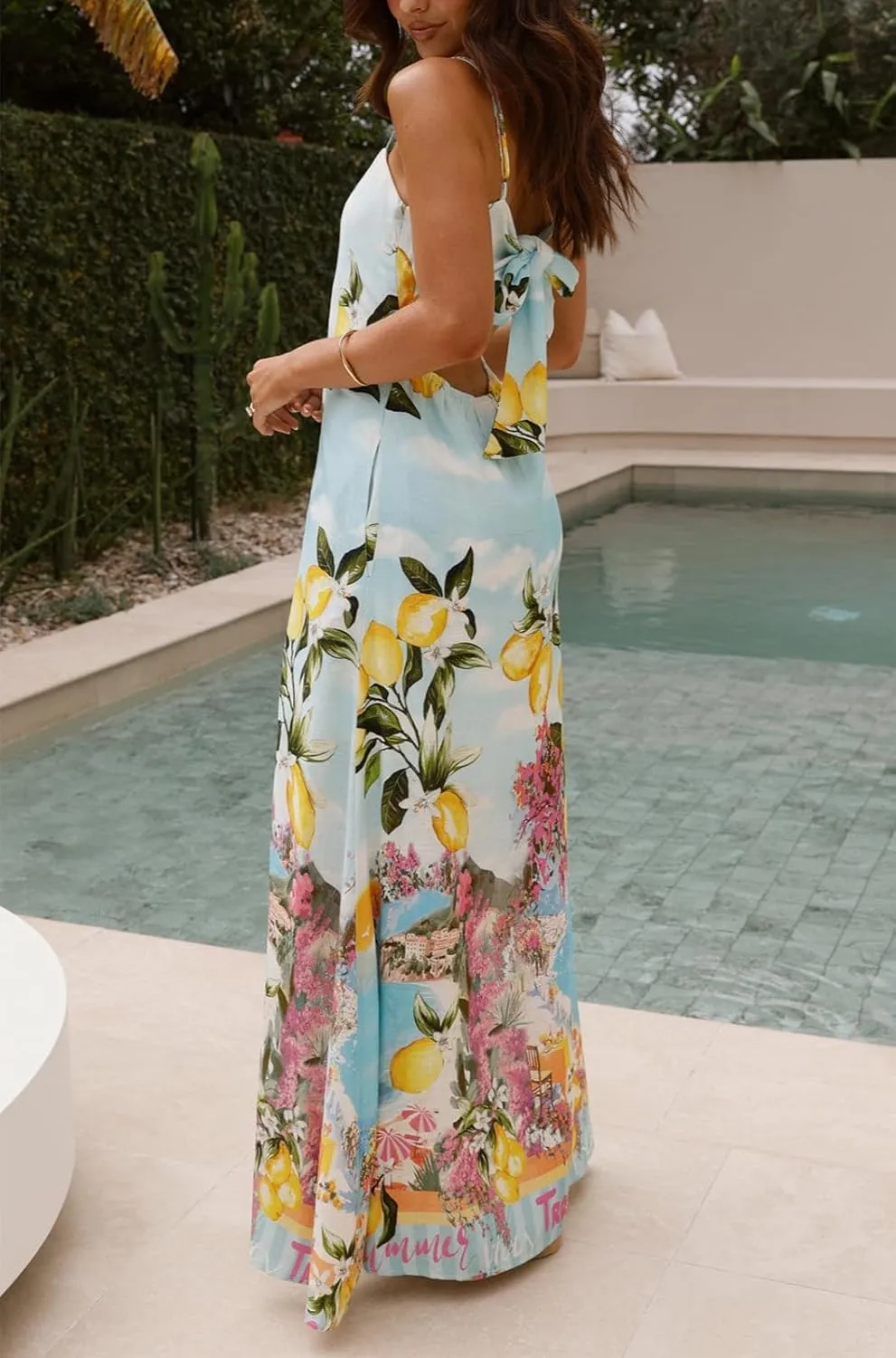 Womens Spaghetti Strap Smocked Dress Maxi Flowy Sleeveless Dresses Boho V Neck Dresses Y2K Sexy Beach Sundresses