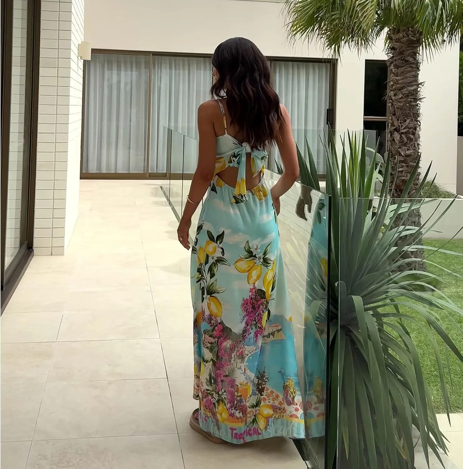 Womens Spaghetti Strap Smocked Dress Maxi Flowy Sleeveless Dresses Boho V Neck Dresses Y2K Sexy Beach Sundresses