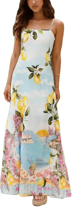 Womens Spaghetti Strap Smocked Dress Maxi Flowy Sleeveless Dresses Boho V Neck Dresses Y2K Sexy Beach Sundresses