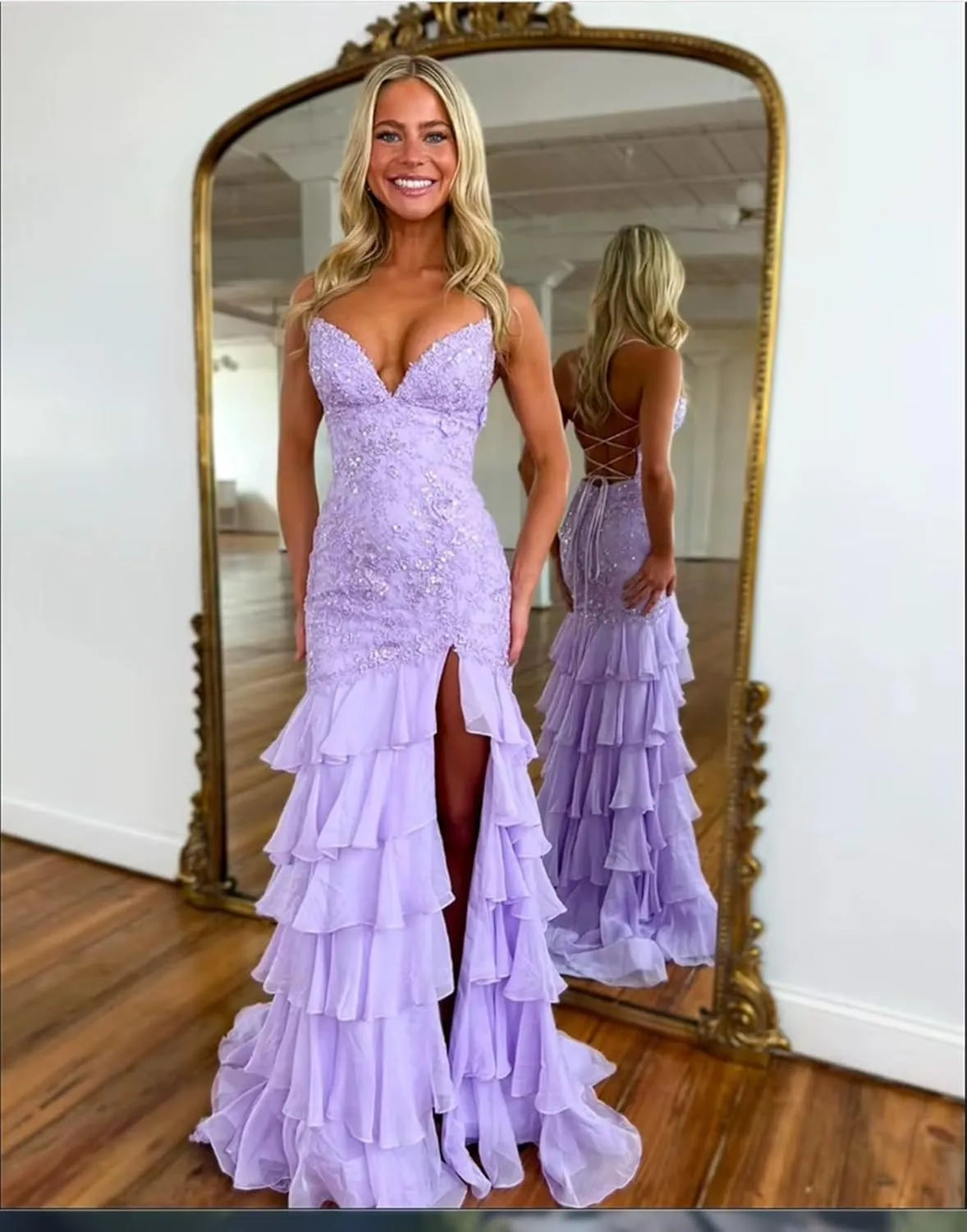 Women's Spaghetti Straps Tiered Prom Dresses with Slit Mermaid Lace Backless Formal Cocktail Dresses for Women