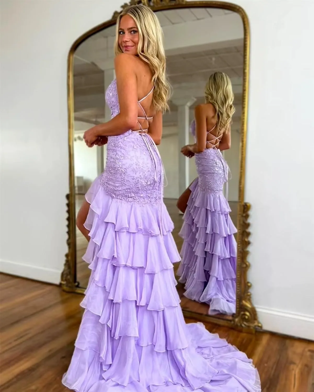 Women's Spaghetti Straps Tiered Prom Dresses with Slit Mermaid Lace Backless Formal Cocktail Dresses for Women