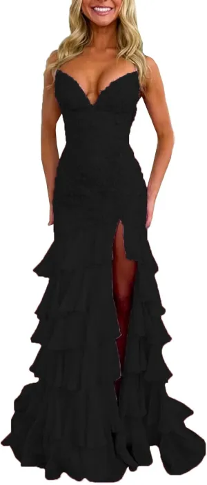 Women's Spaghetti Straps Tiered Prom Dresses with Slit Mermaid Lace Backless Formal Cocktail Dresses for Women