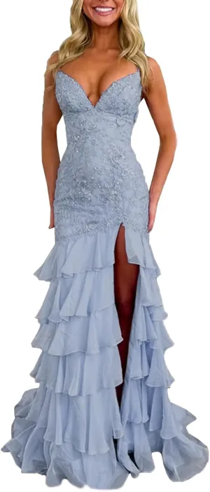 Women's Spaghetti Straps Tiered Prom Dresses with Slit Mermaid Lace Backless Formal Cocktail Dresses for Women