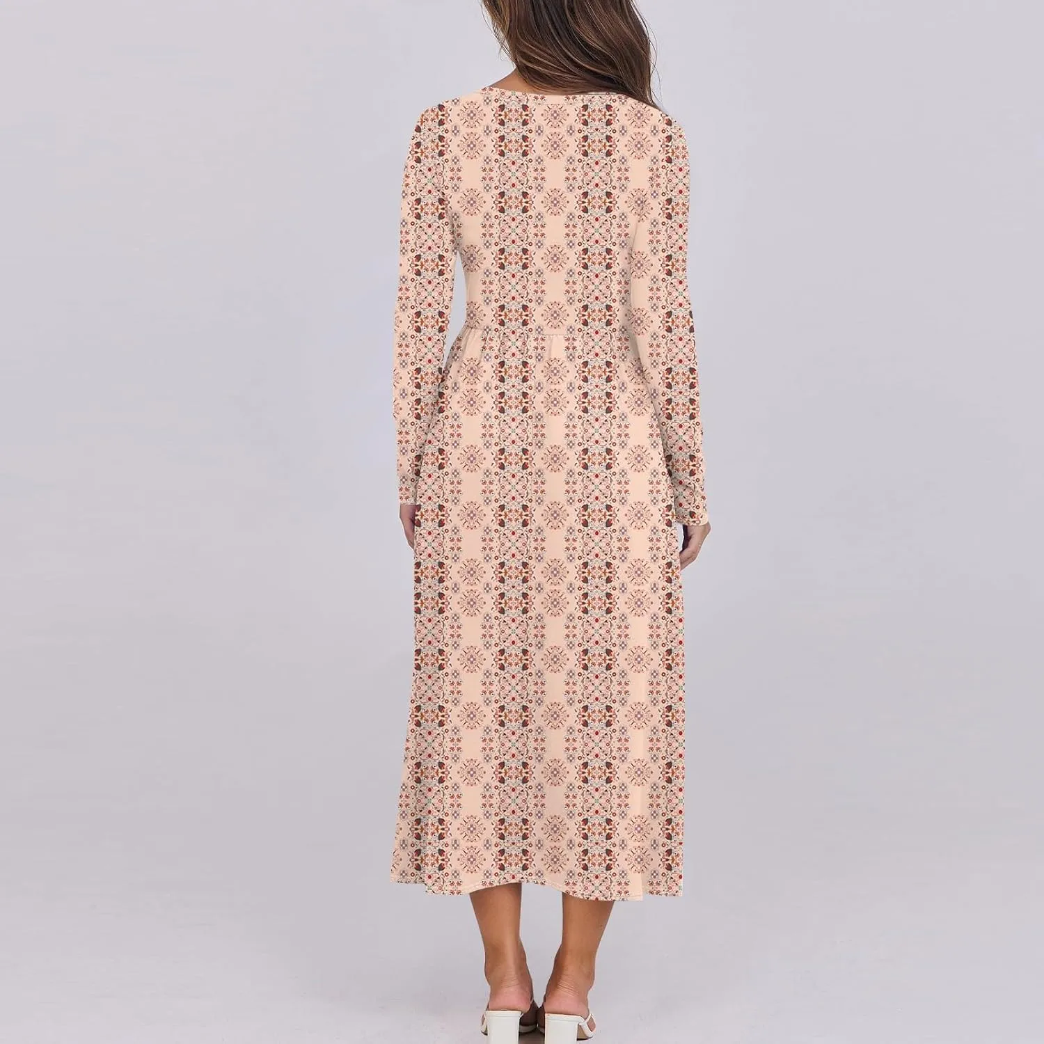Womens Spring Dresses 2025 Long Sleeve O Neck Midi Trendy Summer Elegant Boho Holiday Fitted Dress