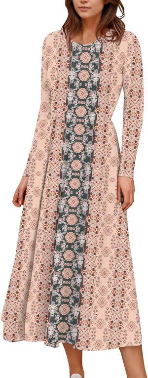 Womens Spring Dresses 2025 Long Sleeve O Neck Midi Trendy Summer Elegant Boho Holiday Fitted Dress
