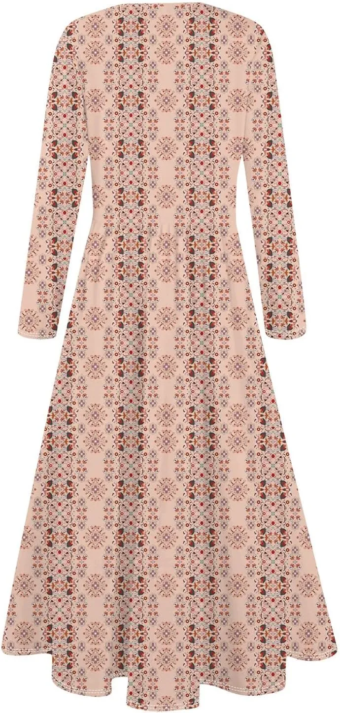 Womens Spring Dresses 2025 Long Sleeve O Neck Midi Trendy Summer Elegant Boho Holiday Fitted Dress