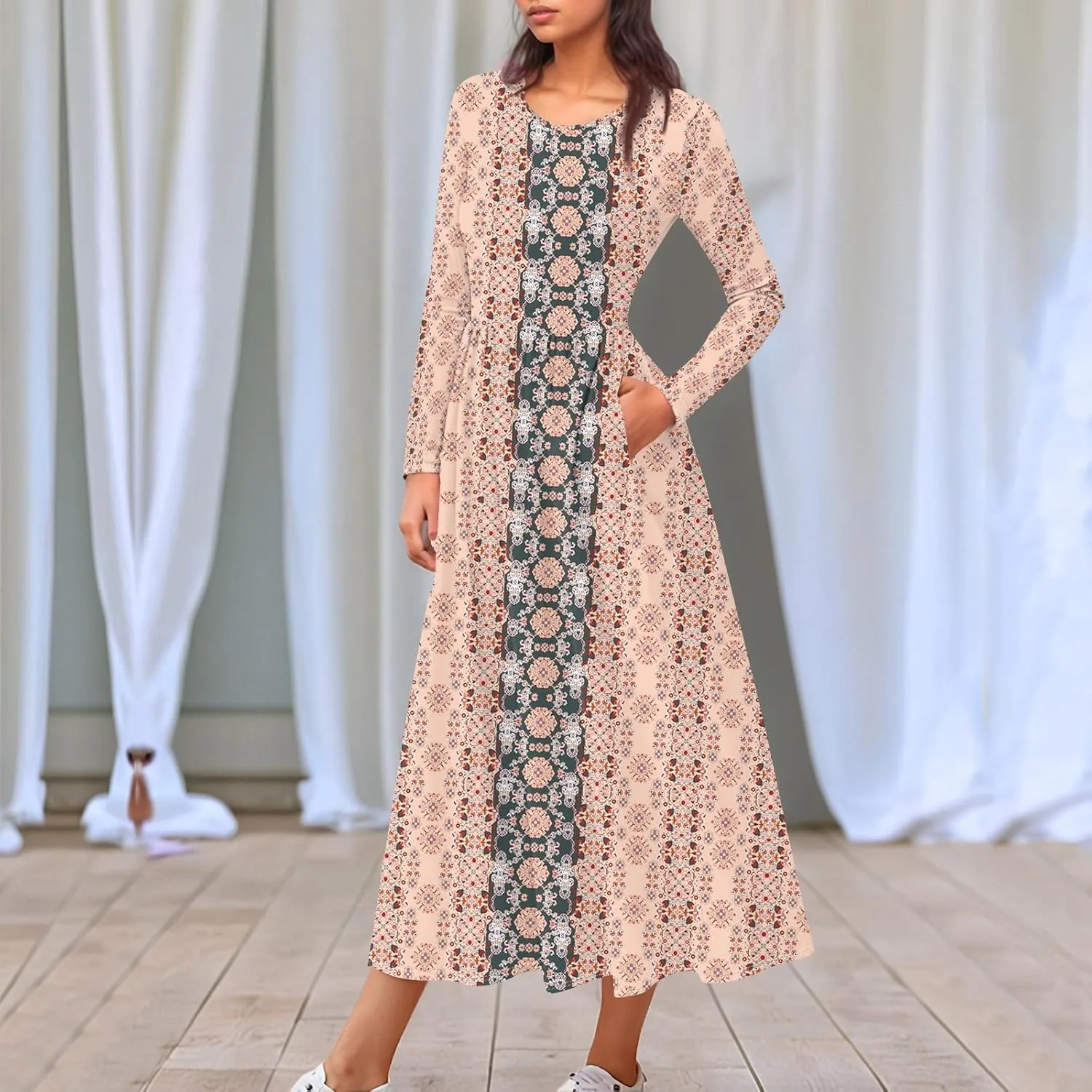 Womens Spring Dresses 2025 Long Sleeve O Neck Midi Trendy Summer Elegant Boho Holiday Fitted Dress