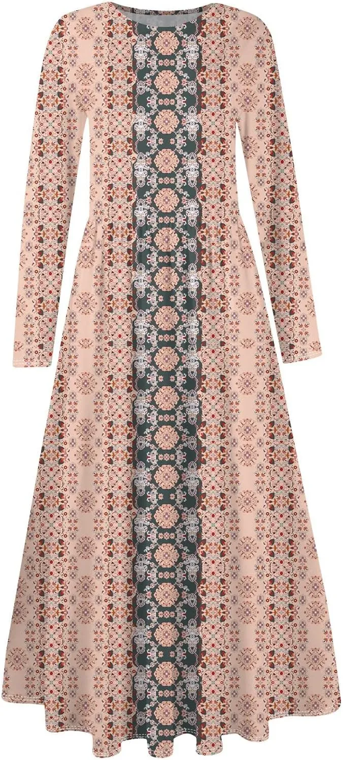 Womens Spring Dresses 2025 Long Sleeve O Neck Midi Trendy Summer Elegant Boho Holiday Fitted Dress