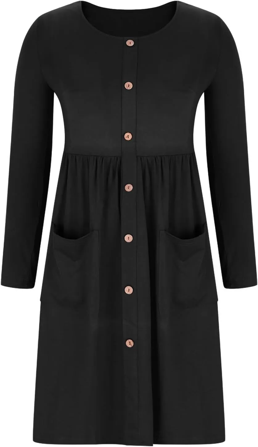 Womens Spring Dresses Casual Long Sleeve Crew Neck Button Down Elegant Swing Midi Dress High Waisted Sundress Holiday Outfits