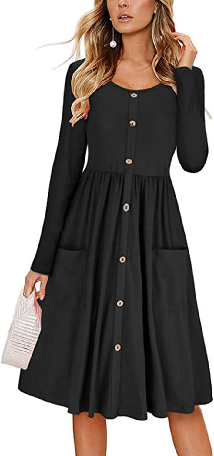 Womens Spring Dresses Casual Long Sleeve Crew Neck Button Down Elegant Swing Midi Dress High Waisted Sundress Holiday Outfits