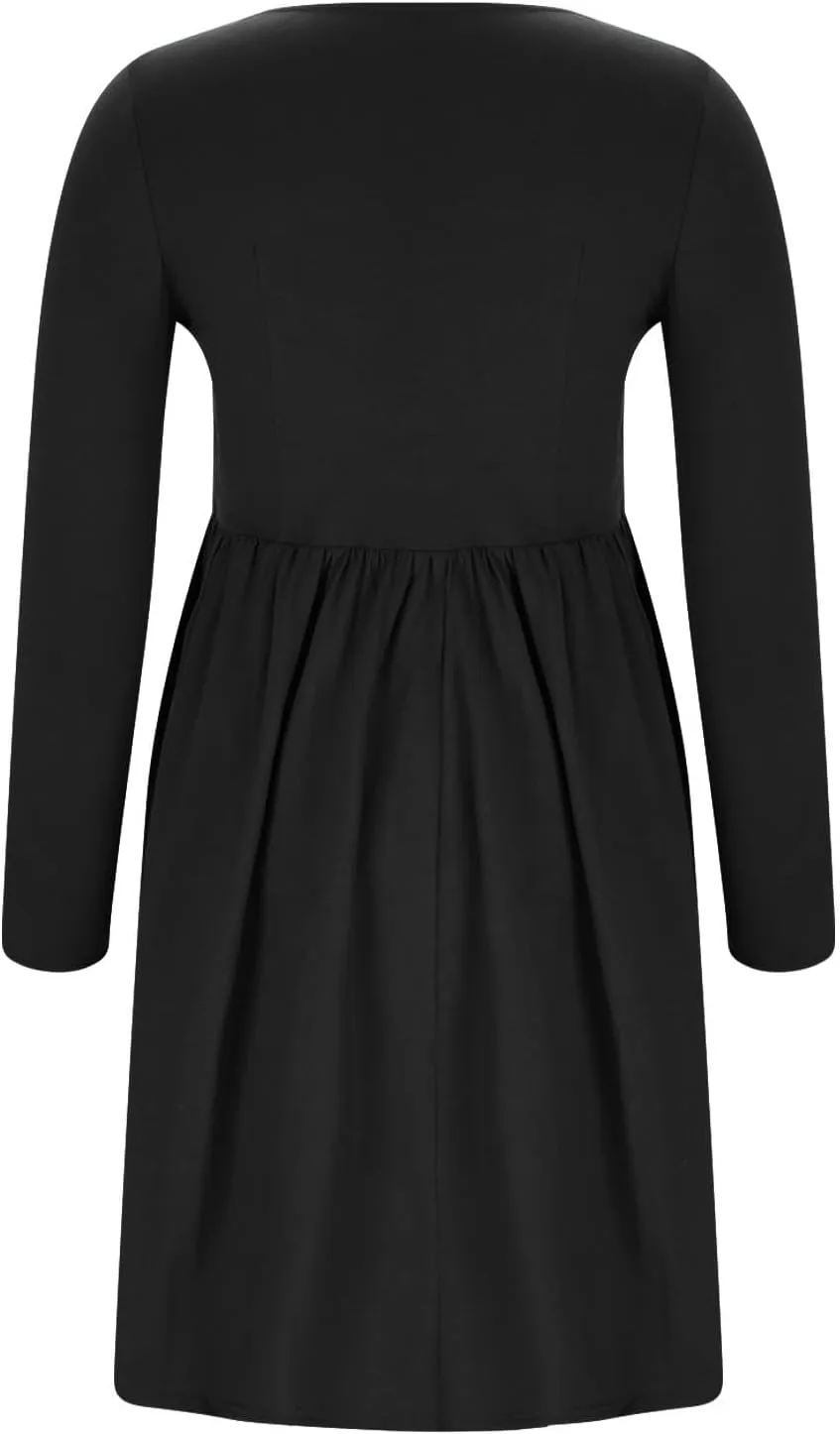 Womens Spring Dresses Casual Long Sleeve Crew Neck Button Down Elegant Swing Midi Dress High Waisted Sundress Holiday Outfits