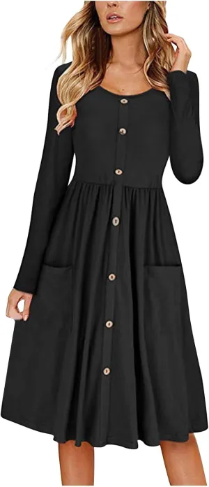 Womens Spring Dresses Casual Long Sleeve Crew Neck Button Down Elegant Swing Midi Dress High Waisted Sundress Holiday Outfits
