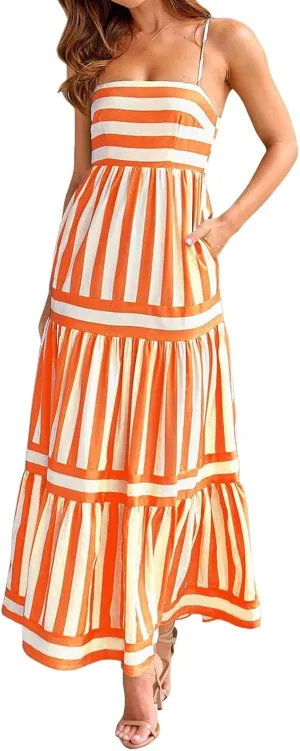 Womens Striped Maxi Dress Summer Fashion Slim Strap Sleeveless Cutout Long Dress Flowy Swing Beach Sundress 2025