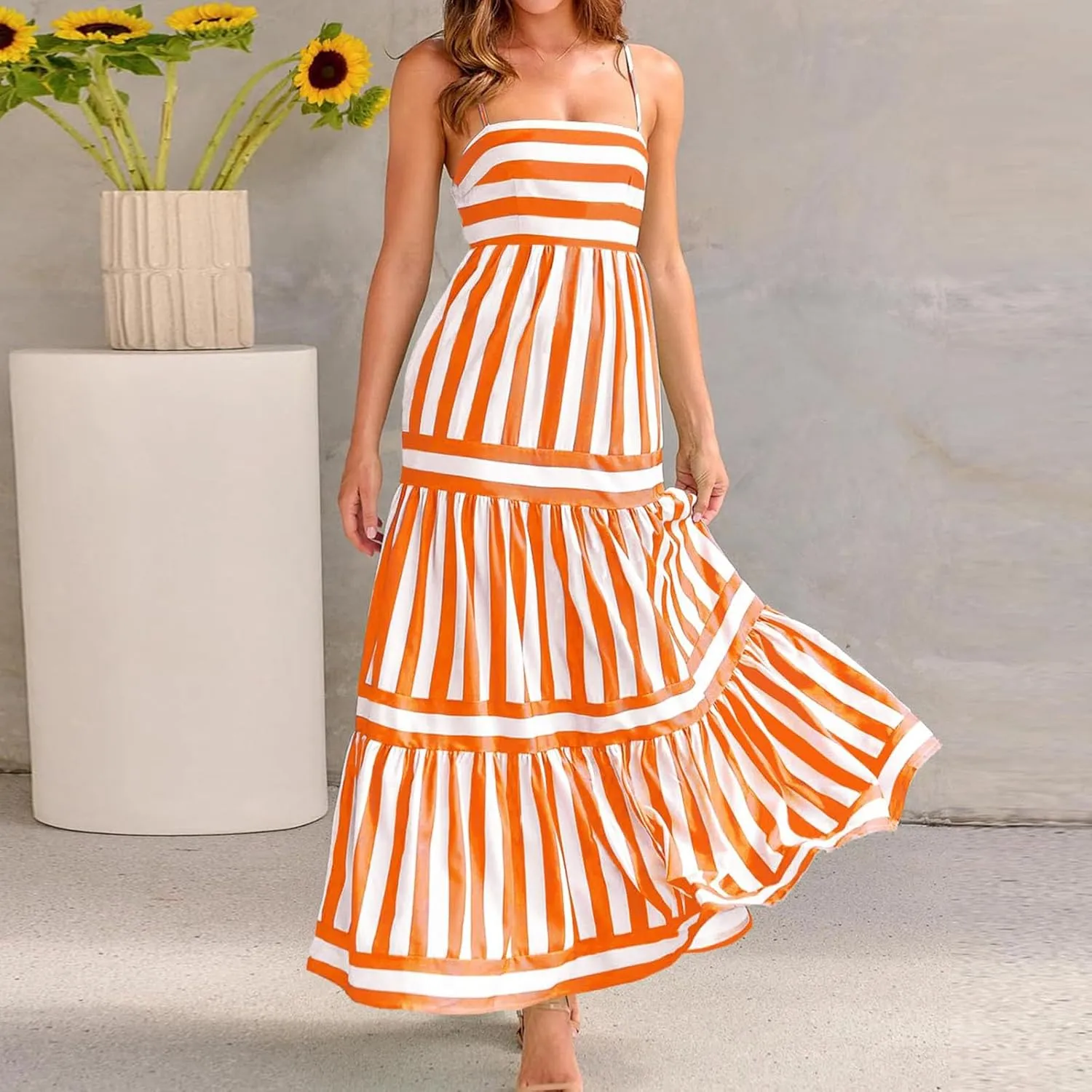 Womens Striped Maxi Dress Summer Fashion Slim Strap Sleeveless Cutout Long Dress Flowy Swing Beach Sundress 2025