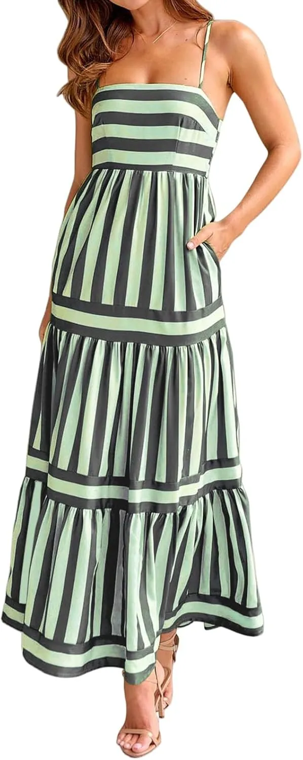 Womens Striped Maxi Dress Summer Fashion Slim Strap Sleeveless Cutout Long Dress Flowy Swing Beach Sundress 2025