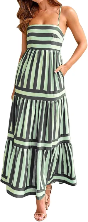 Womens Striped Maxi Dress Summer Fashion Slim Strap Sleeveless Cutout Long Dress Flowy Swing Beach Sundress 2025